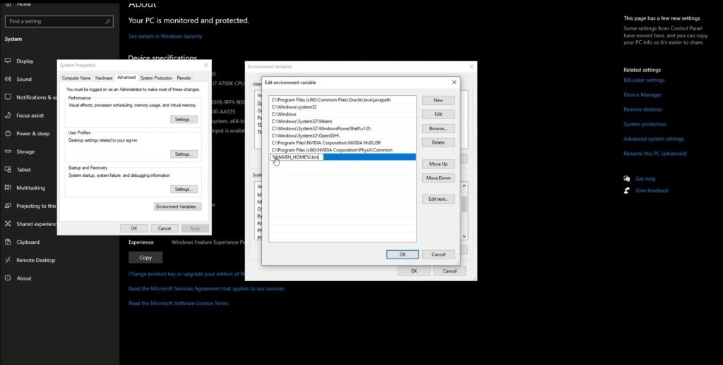 Windows Edit Environment Variable window showing %MAVEN_HOME%\bin added to the Path system variable list