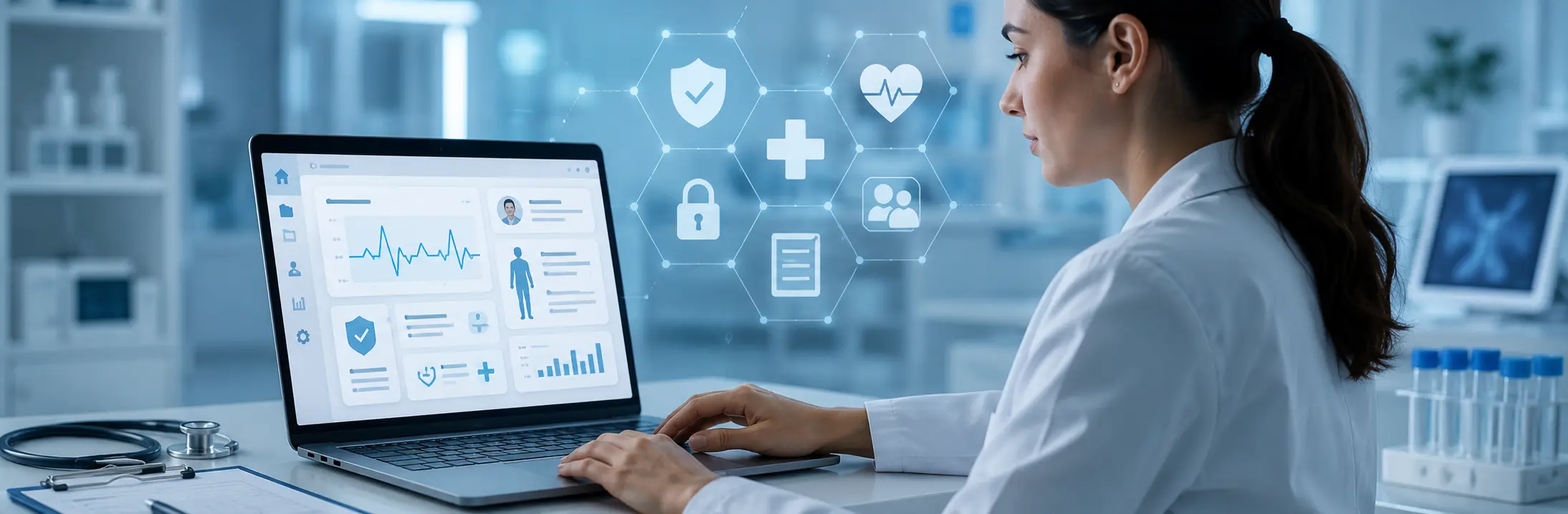 A healthcare professional reviews a digital medical dashboard on a laptop in a modern clinical environment, symbolizing healthcare software quality assurance and security.