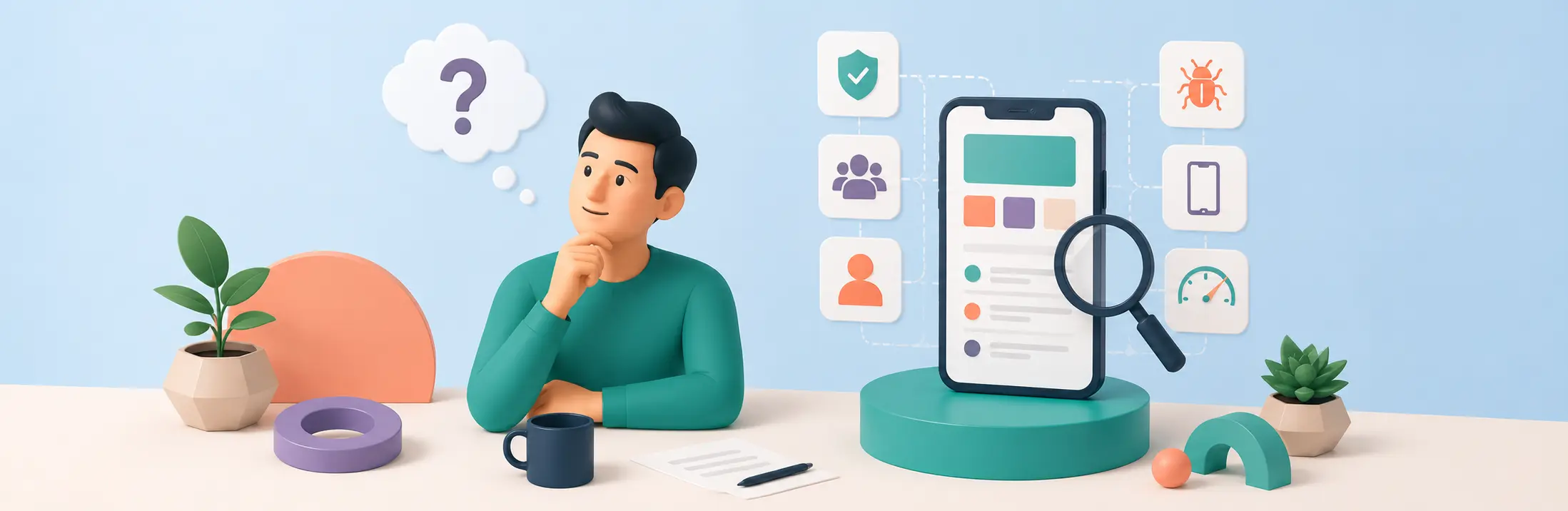 3D illustration of a product manager evaluating a mobile app testing provider with app quality indicators.