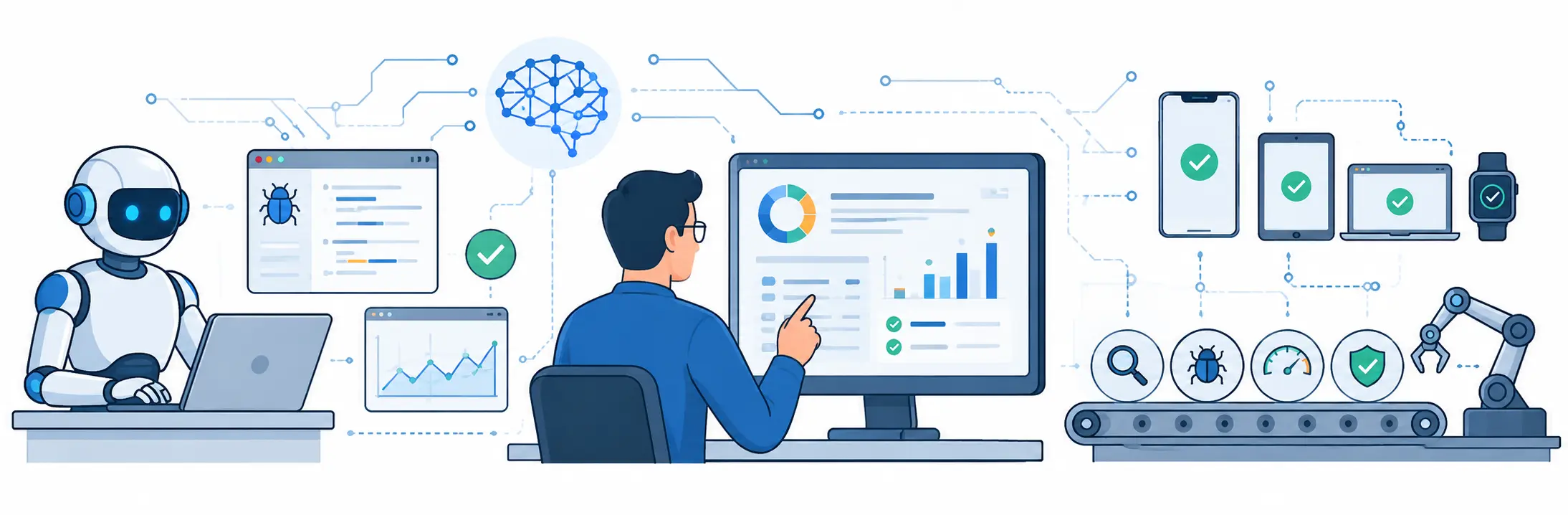 Illustration of AI-assisted QA testing workflow with an engineer reviewing automated test results and pricing insights.